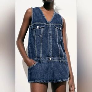 NWT Zara TRF cotton blend denim jumpsuit mini dress blue 5520/082 size small